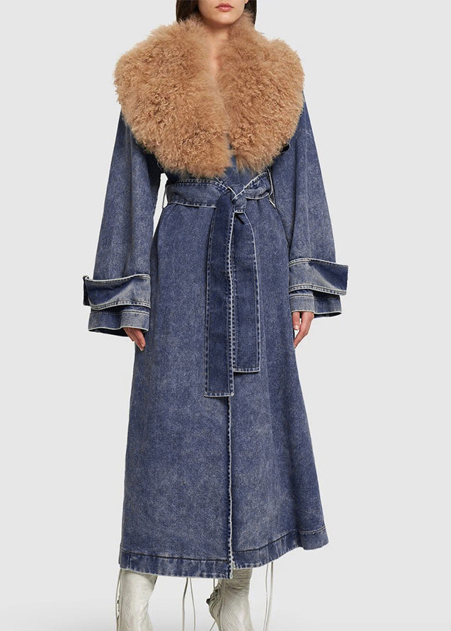 Luvik | Midje Blå Denim Parkas Med Krage Patcher Sko Forsterket Lang Vinterjakke