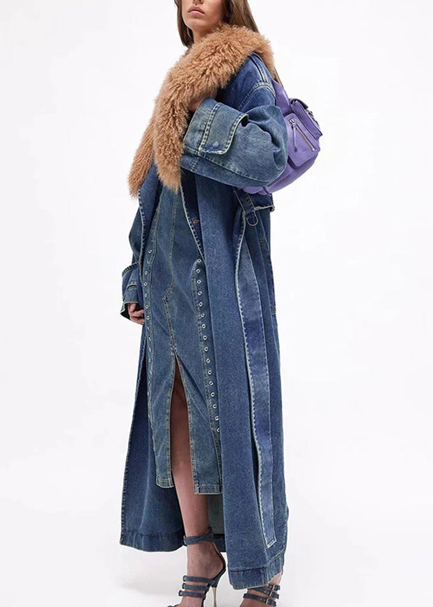 Luvik | Midje Blå Denim Parkas Med Krage Patcher Sko Forsterket Lang Vinterjakke