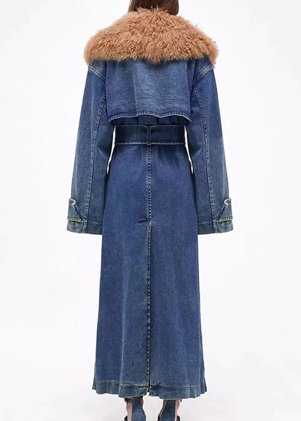 Luvik | Midje Blå Denim Parkas Med Krage Patcher Sko Forsterket Lang Vinterjakke