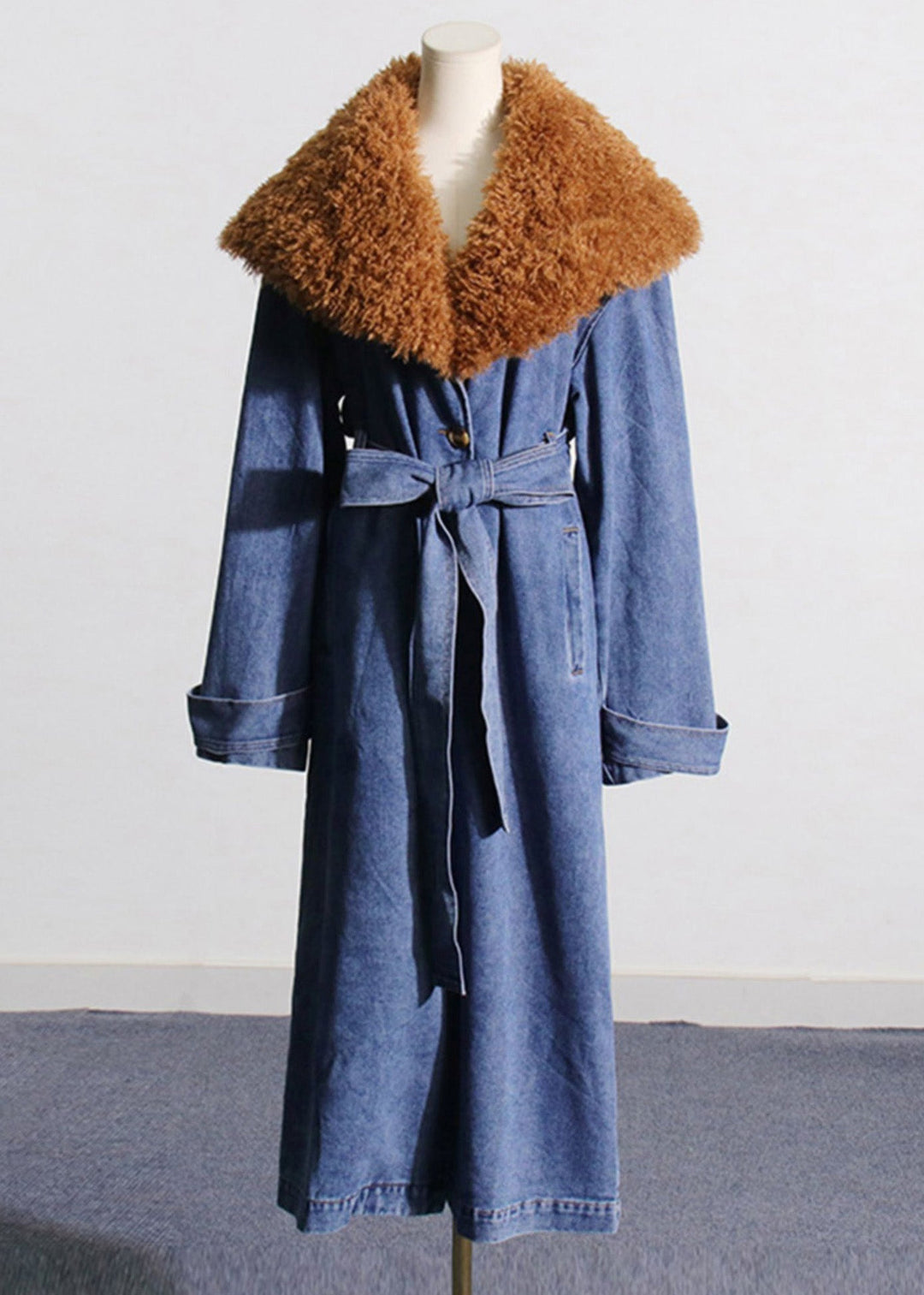 Luvik | Midje Blå Denim Parkas Med Krage Patcher Sko Forsterket Lang Vinterjakke