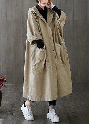 Luvik | Belte Khaki Patcher Med Knapper Lang Jakke Trench Med Hette