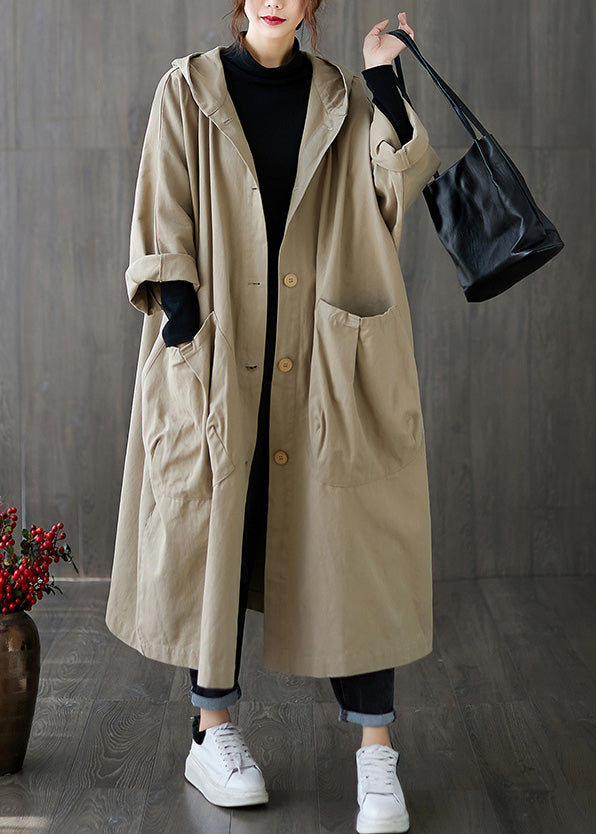 Luvik | Belte Khaki Patcher Med Knapper Lang Jakke Trench Med Hette