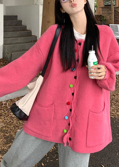 Luvik | Kapea Vaaleanpunainen Pyöreä Kaula Nappi Puuvilla Neule Takit