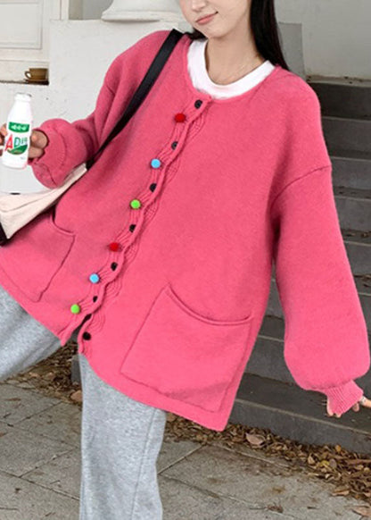 Luvik | Kapea Vaaleanpunainen Pyöreä Kaula Nappi Puuvilla Neule Takit