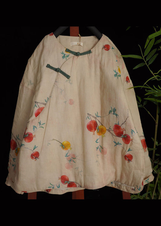 Luvik | Ohut beige painettu puuvillatakki pyöreällä kauluksella