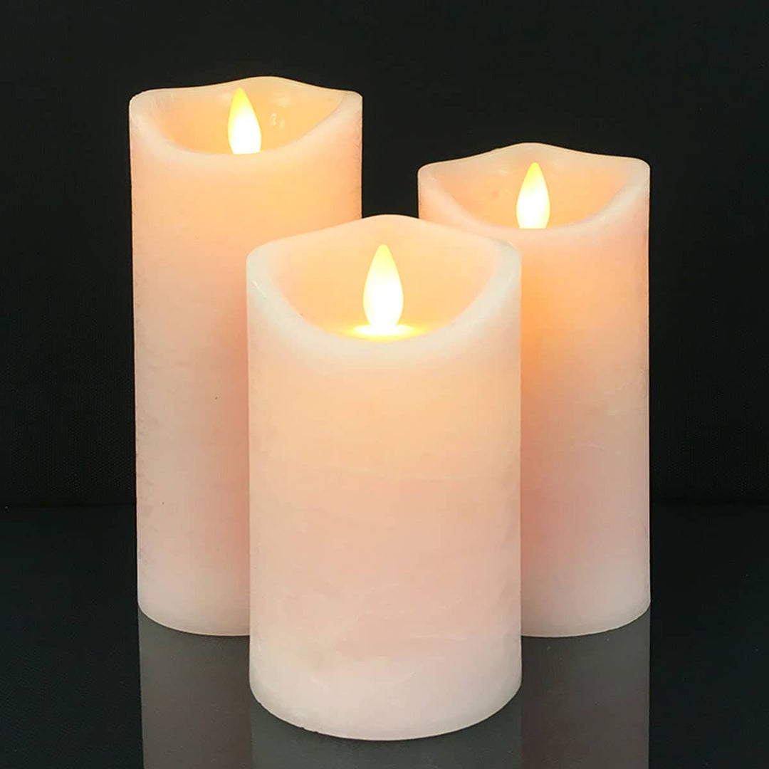 LED Lys - rustikk - 3 stykker - 10/12,5/15 cm - med 3D flamme - (ulike farger) | Luvikno