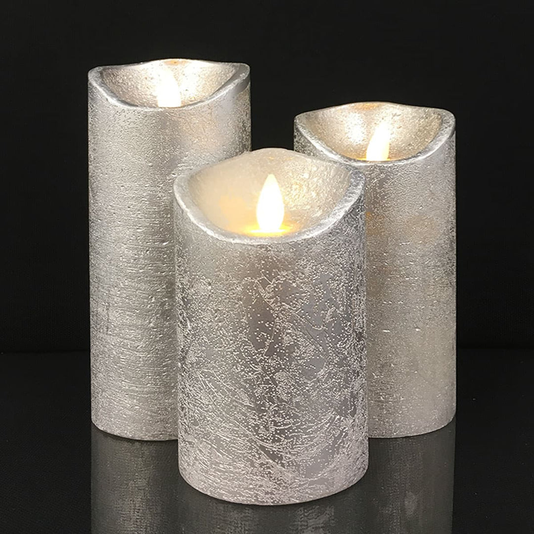 LED Lys - rustikk - 3 stykker - 10/12,5/15 cm - med 3D flamme - (ulike farger) | Luvikno