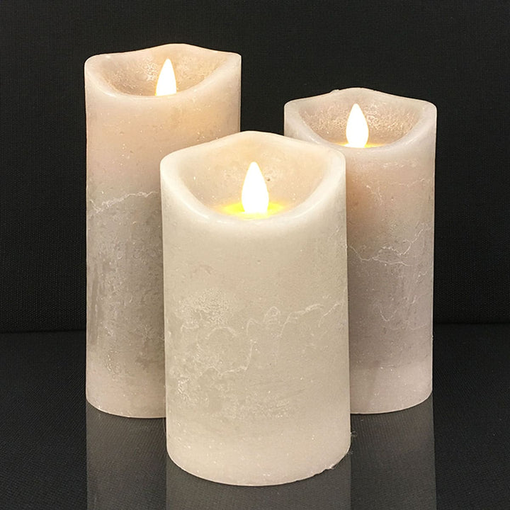 LED Lys - rustikk - 3 stykker - 10/12,5/15 cm - med 3D flamme - (ulike farger) | Luvikno