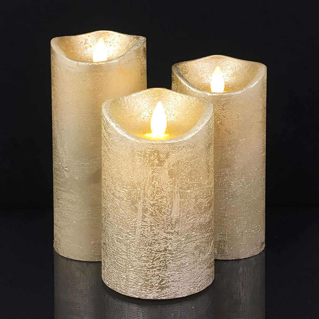 LED Lys - rustikk - 3 stykker - 10/12,5/15 cm - med 3D flamme - (ulike farger) | Luvikno