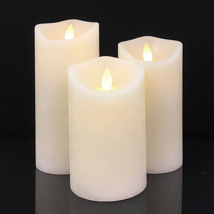LED Lys - rustikk - 3 stykker - 10/12,5/15 cm - med 3D flamme - (ulike farger) | Luvikno