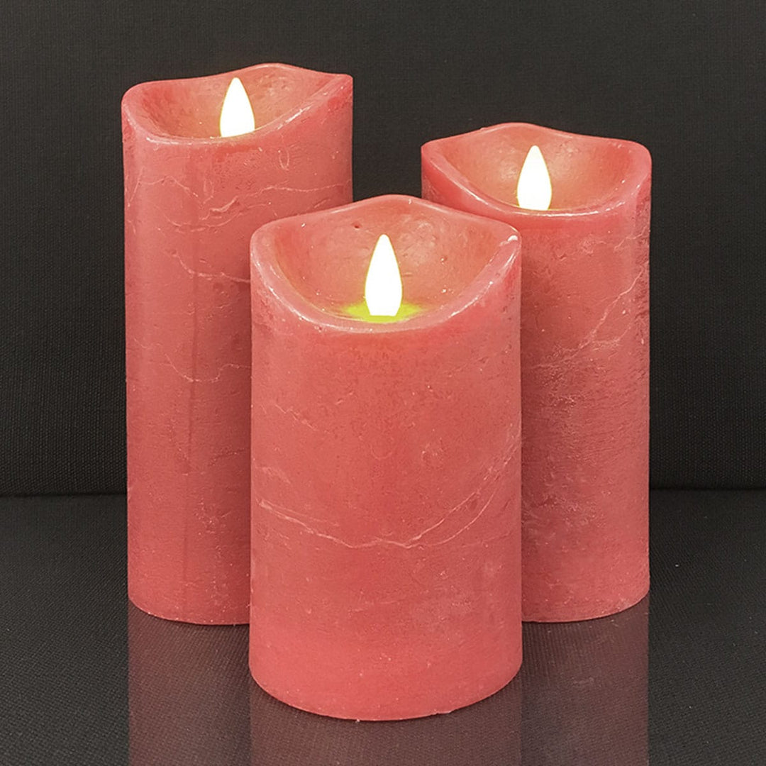 LED Lys - rustikk - 3 stykker - 10/12,5/15 cm - med 3D flamme - (ulike farger) | Luvikno