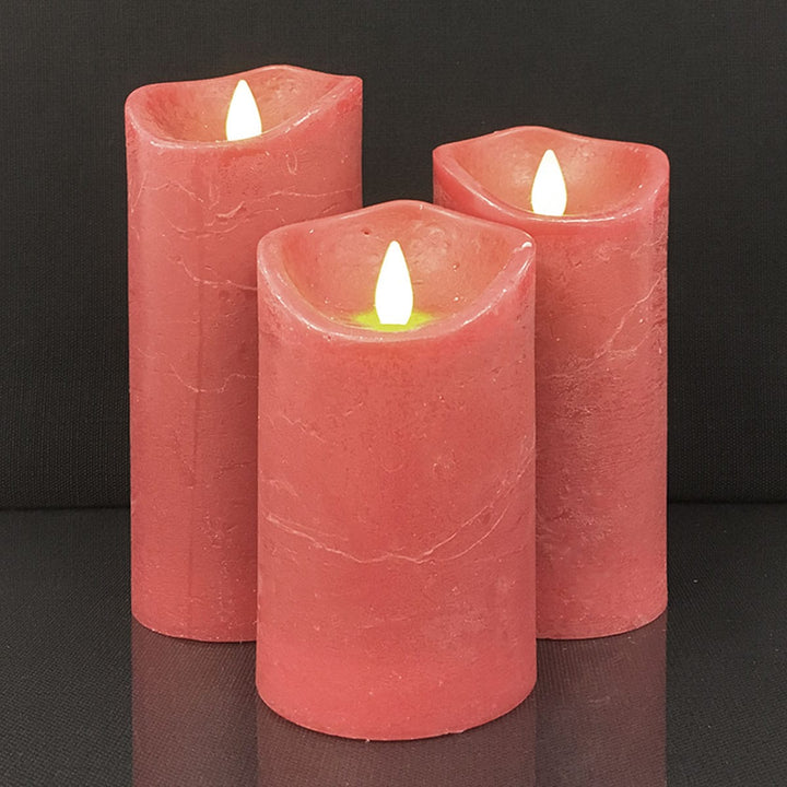 LED Lys - rustikk - 3 stykker - 10/12,5/15 cm - med 3D flamme - (ulike farger) | Luvikno