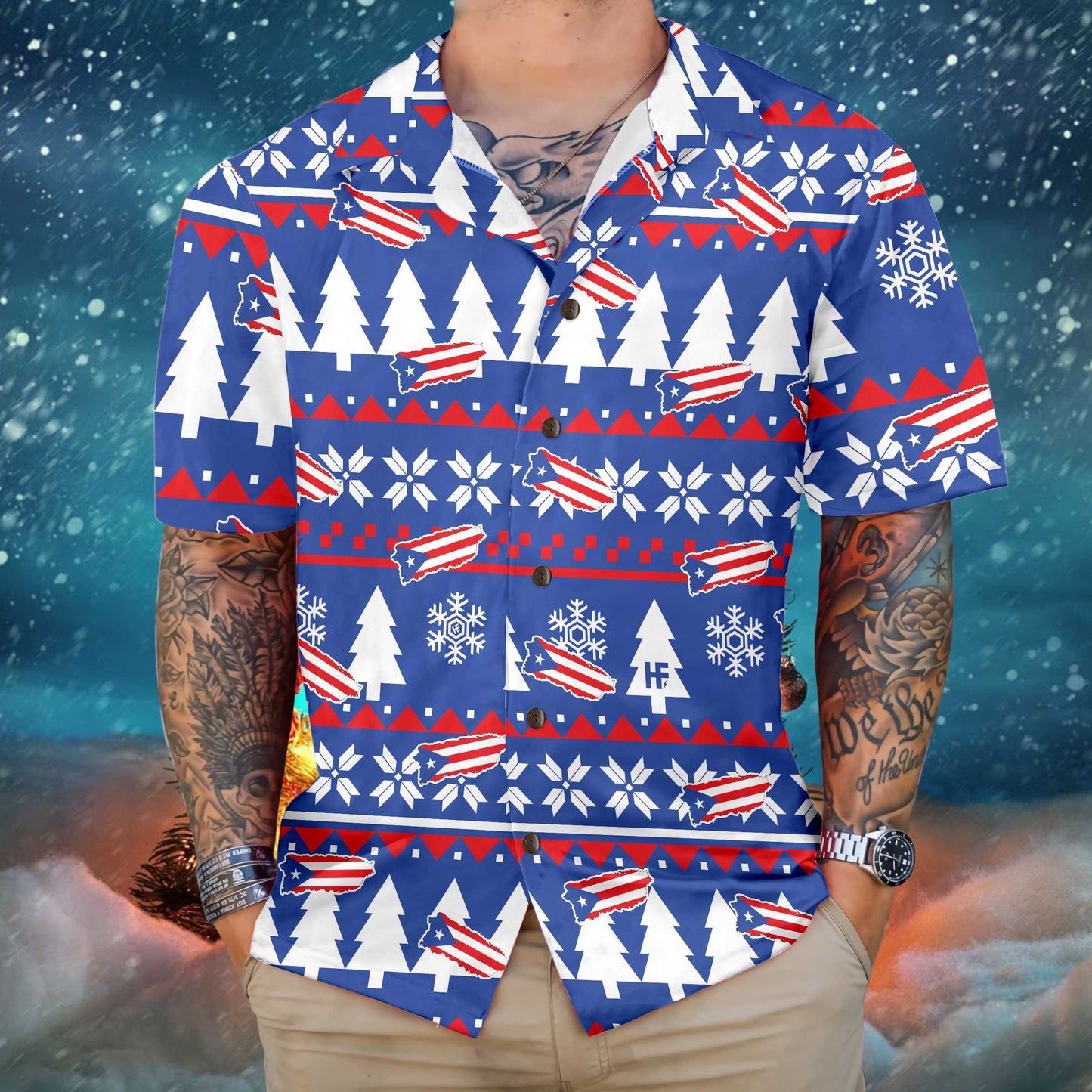 Luvik | Kauluspaita rumalla joulukuviolla Puerto Rico, Joulupaita Puerto Ricon lipulla miehille