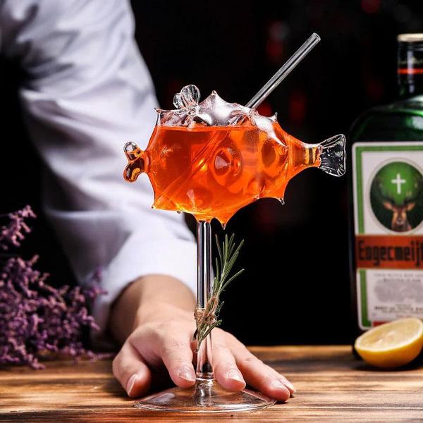 Pufferfish formet cocktailglass med glass sugerør | Luvikno