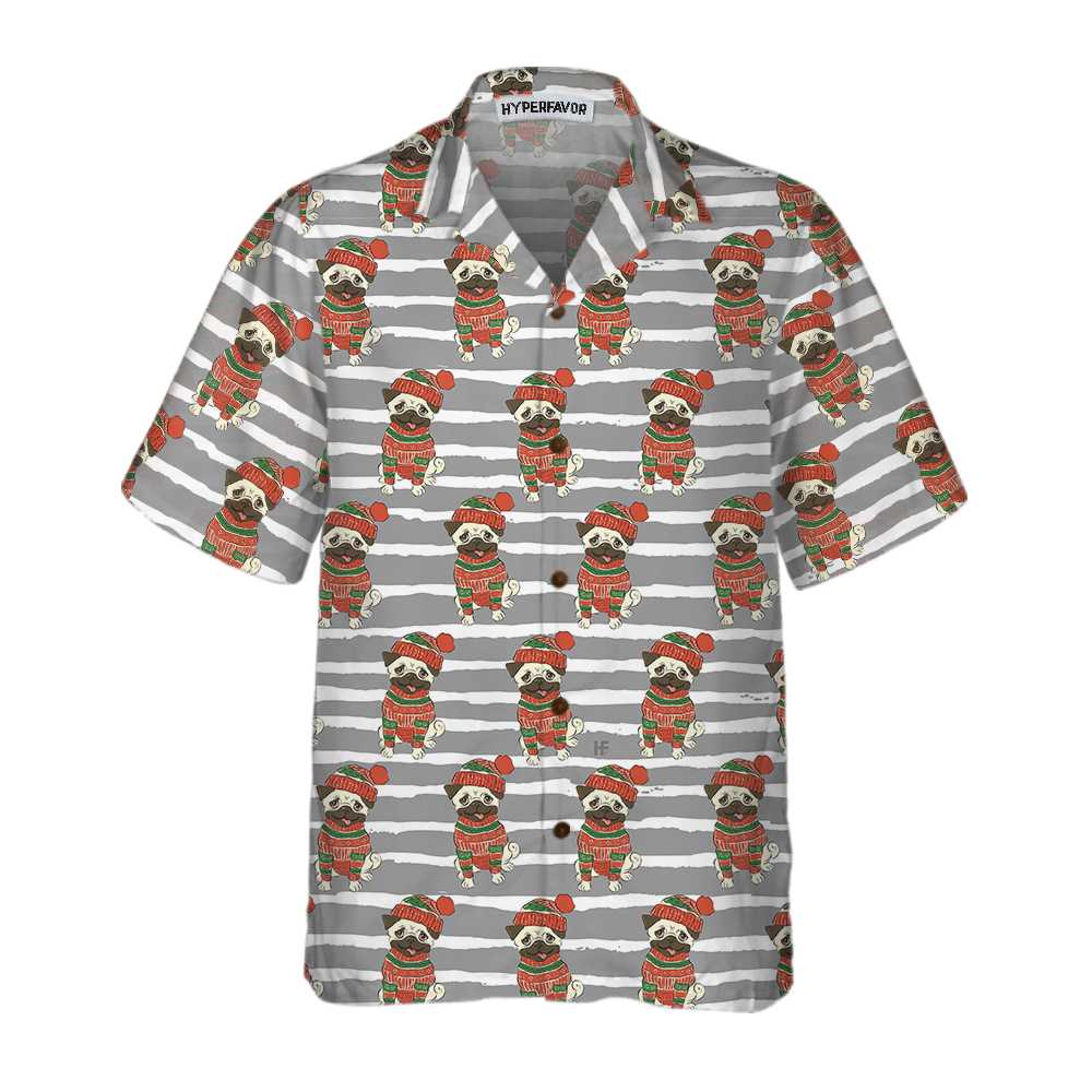 Luvik | Pug tanssii Huppari ja Talvi Hattu Hawaii-paita, Hauska Joulupaita Pug