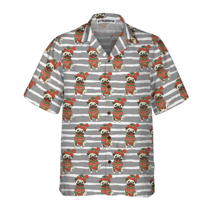 Luvik | Pug tanssii Huppari ja Talvi Hattu Hawaii-paita, Hauska Joulupaita Pug