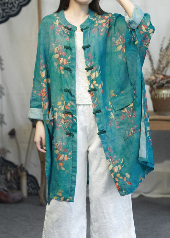 Luvik | Pitkähihainen, korkean kauluksen ja sivuhalkioiden kanssa varustettu painettujen pellavakuorien takki