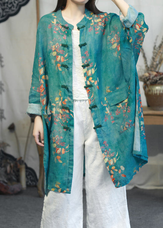 Luvik | Pitkähihainen, korkean kauluksen ja sivuhalkioiden kanssa varustettu painettujen pellavakuorien takki