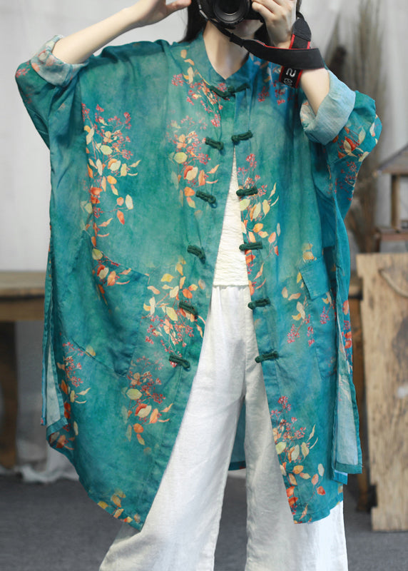 Luvik | Pitkähihainen, korkean kauluksen ja sivuhalkioiden kanssa varustettu painettujen pellavakuorien takki