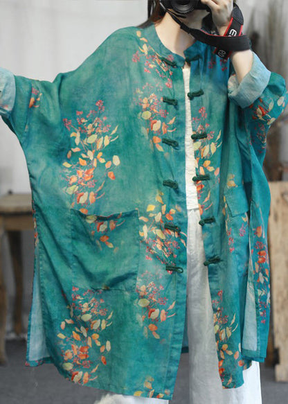 Luvik | Pitkähihainen, korkean kauluksen ja sivuhalkioiden kanssa varustettu painettujen pellavakuorien takki