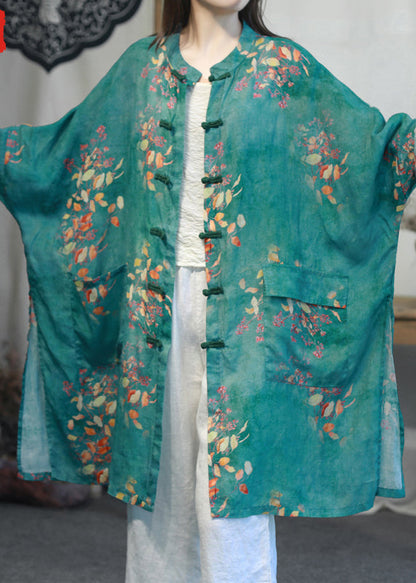 Luvik | Pitkähihainen, korkean kauluksen ja sivuhalkioiden kanssa varustettu painettujen pellavakuorien takki