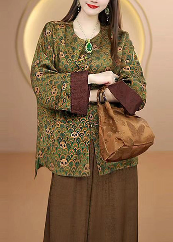 Luvik | Silk coat with Chinese patterns and green O neckline