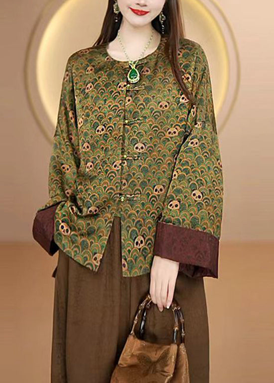Luvik | Silk coat with Chinese patterns and green O neckline