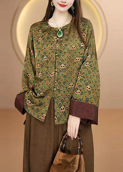 Luvik | Silk coat with Chinese patterns and green O neckline