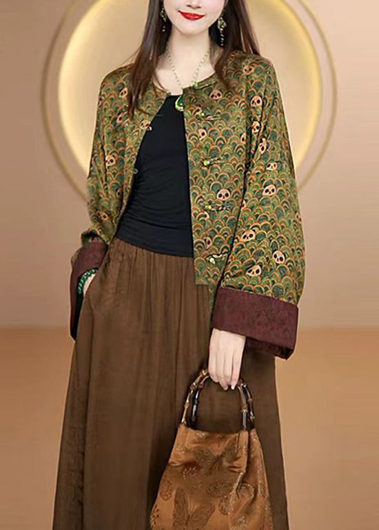 Luvik | Silk coat with Chinese patterns and green O neckline