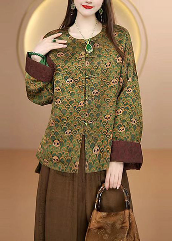 Luvik | Silk coat with Chinese patterns and green O neckline