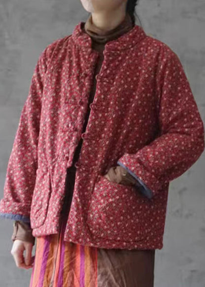 Luvik | Punainen kuvioi puuvillasta valmistetut toppatakit napillisilla taskuilla talveksi