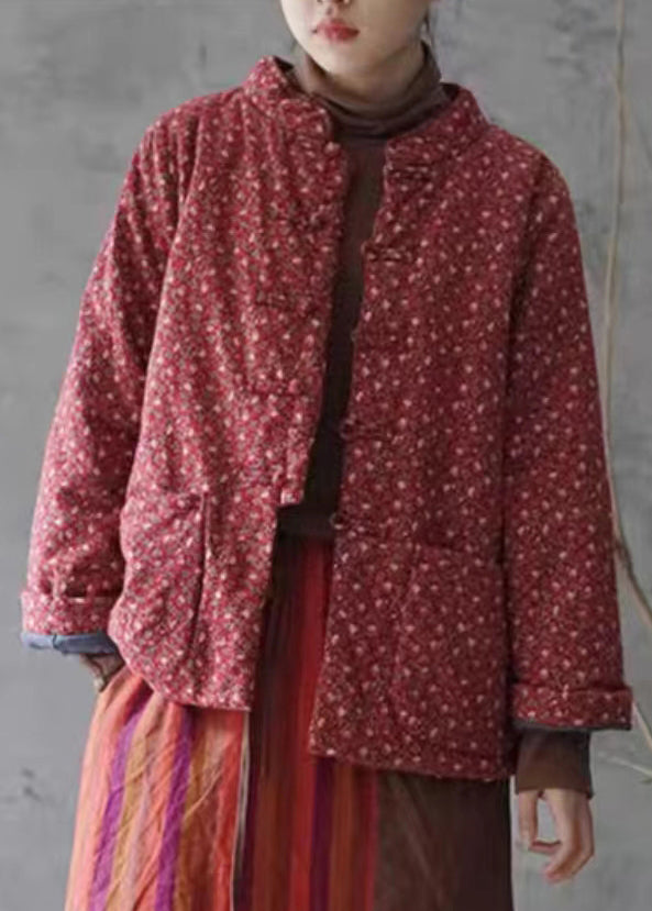 Luvik | Punainen kuvioi puuvillasta valmistetut toppatakit napillisilla taskuilla talveksi