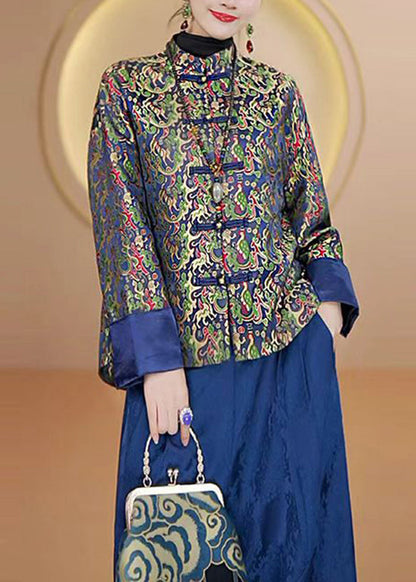 Luvik | Korkeakauluksinen Painettu Kiinalainen Nappitakki Silkkistä