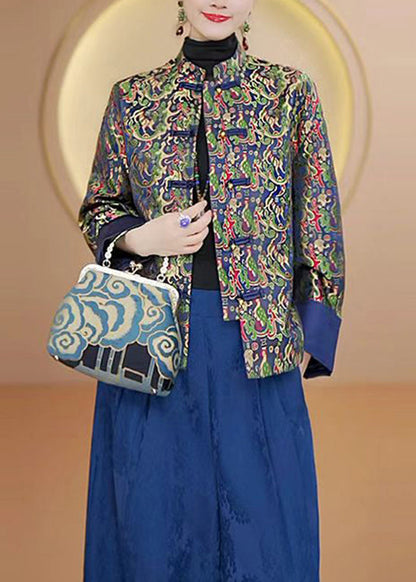 Luvik | Korkeakauluksinen Painettu Kiinalainen Nappitakki Silkkistä