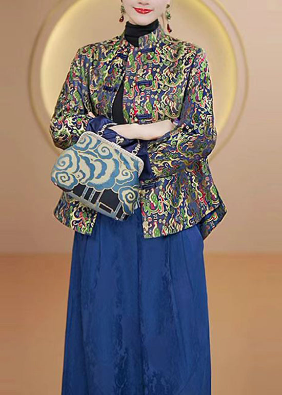 Luvik | Korkeakauluksinen Painettu Kiinalainen Nappitakki Silkkistä