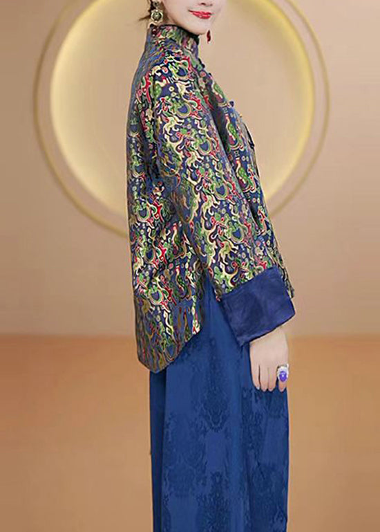 Luvik | Korkeakauluksinen Painettu Kiinalainen Nappitakki Silkkistä