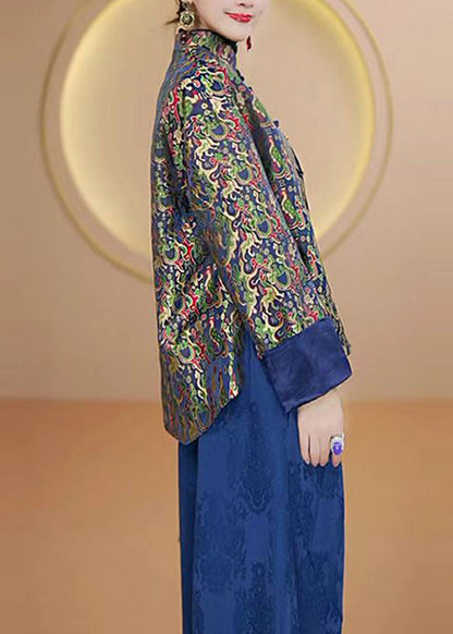 Luvik | Korkeakauluksinen Painettu Kiinalainen Nappitakki Silkkistä