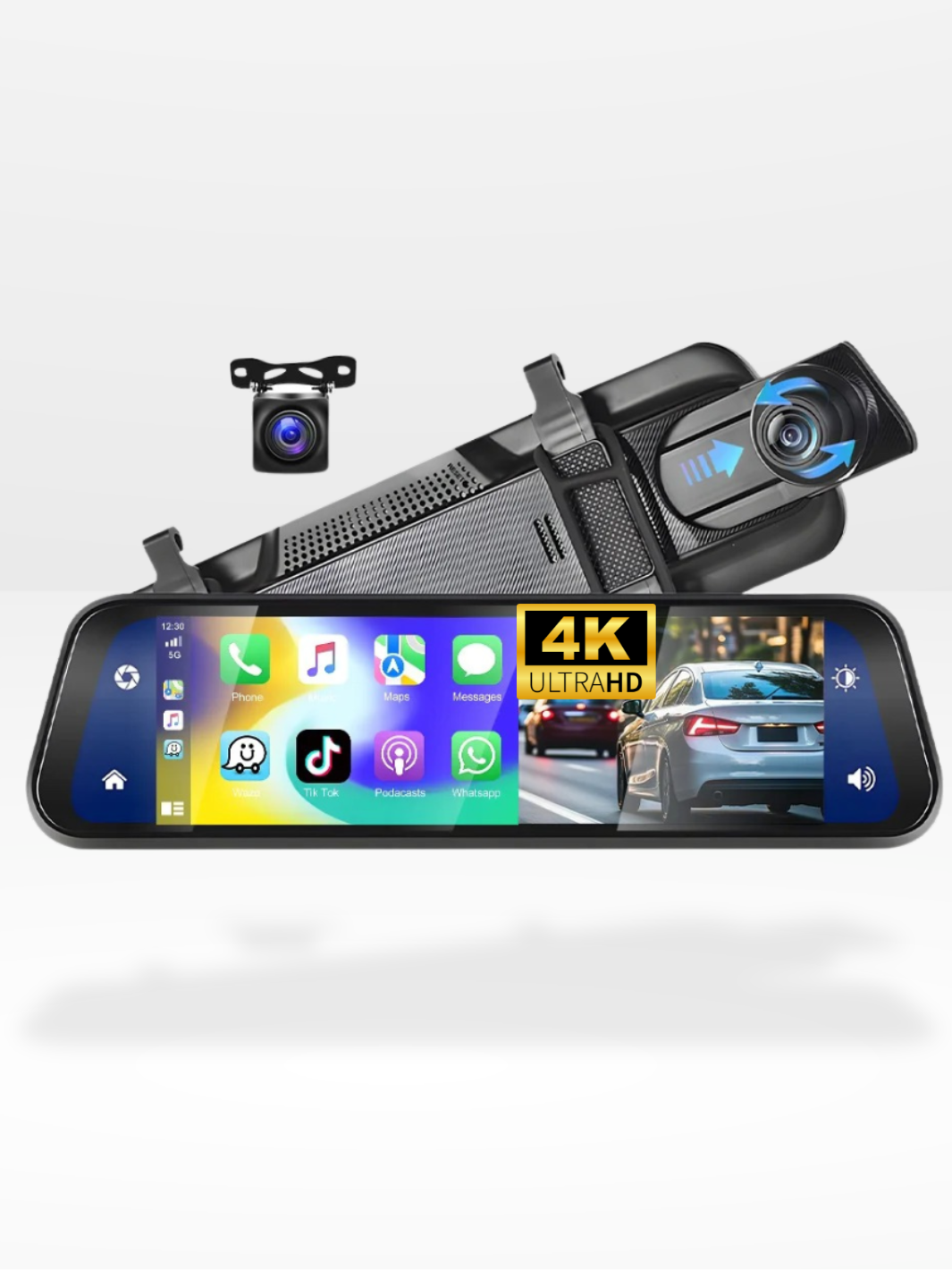 Luvikno | Bakhjulsspeil Dash Cam 4K Front & Bak | CarPlay & Smart Kjøreassistent