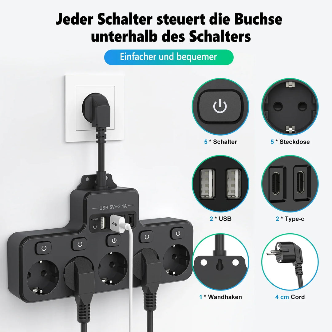 Voltaro Pro 9-i-1 | Strømskinne EU | 5 AC-utganger + 4 USB (2× Type-C) | Individuell bryter | 16A | Kort kabel 10 cm Luvikno