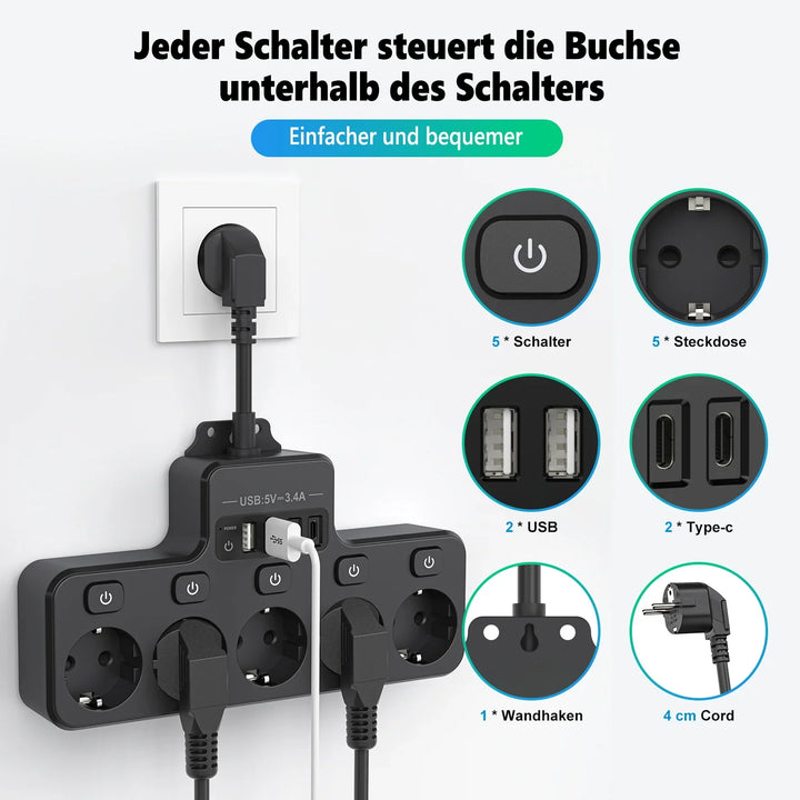 Voltaro Pro 9-i-1 | Strømskinne EU | 5 AC-utganger + 4 USB (2× Type-C) | Individuell bryter | 16A | Kort kabel 10 cm Luvikno