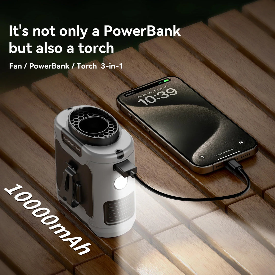 20000mAh Bærbar Midjevifte – Hengende Nakke vifte med Power Bank, Sterk Vind, LED-belysning for Sport, Bud, Utendørs Arbeid | Luvikno