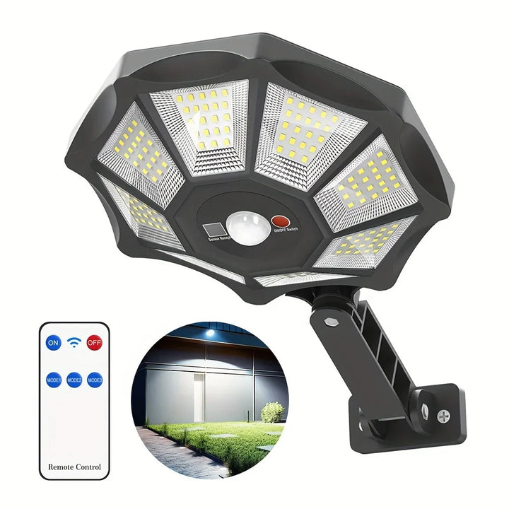 Luvikno | Solarkon OctaBeam | 168 LED Sollys | 360° Bredvinkel | IP65 | Med fjernkontroll og bevegelsessensor
