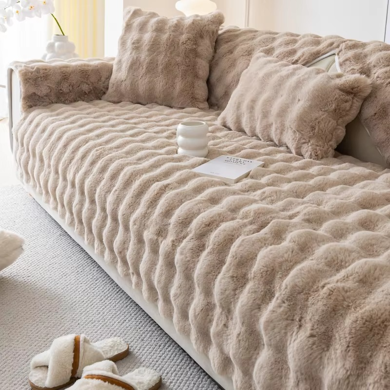 Plysj bobletekstuert kunstpels sofa trekk - Antiskli putetrekk for stue Luvikno