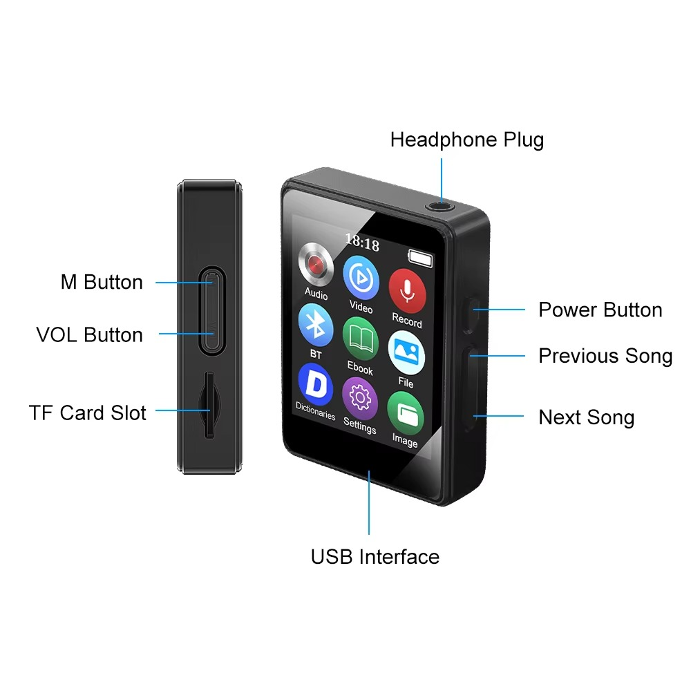 Bærbar Bluetooth MP3-spiller med HiFi-stereo, Mini MP4 videovisning, LED-skjerm og stemmeopptak Luvikno