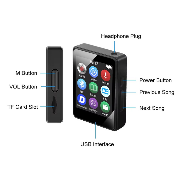 Bærbar Bluetooth MP3-spiller med HiFi-stereo, Mini MP4 videovisning, LED-skjerm og stemmeopptak Luvikno