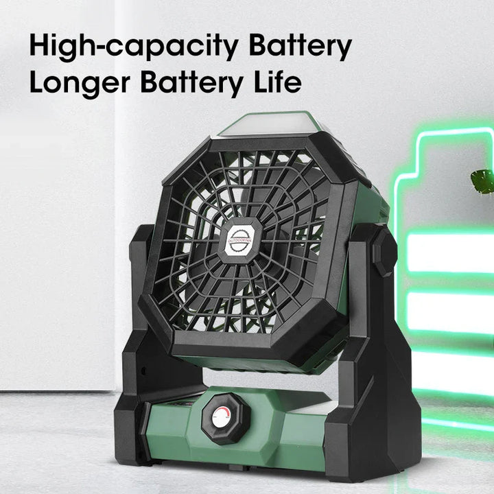 Luvikno | Campora BreezeLight | 2-i-1 Campingvifte med LED-lanterne | 7800 mAh batteri | 270° roterbar | USB-ladbar | For telt, utendørs og reise