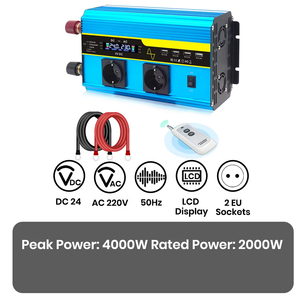 4000W Ren Sinusbølge Strøm Omformer 12V/24V DC til 110V/220V AC Konverter for Bil og Solsystemer Luvikno