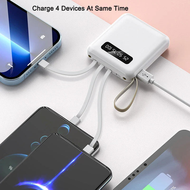 Luvikno | Mini Powerbank med Speildisplay | 20,000 mAh | Hurtigladingfunksjon & Integrerte Kabler | For iPhone, Samsung, Xiaomi & mer