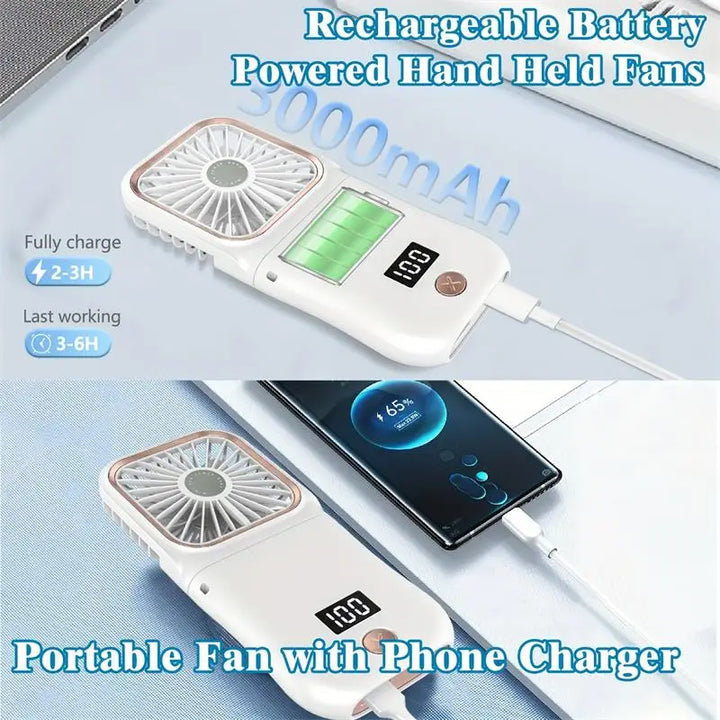 Luvikno | Airlio Sammenleggbar USB Vifte 3000mAh | 4-Nivå Luftkjøler | Hånd-, Bord- & Nakkevifte | Power Bank Funksjon | 180° Roterbar