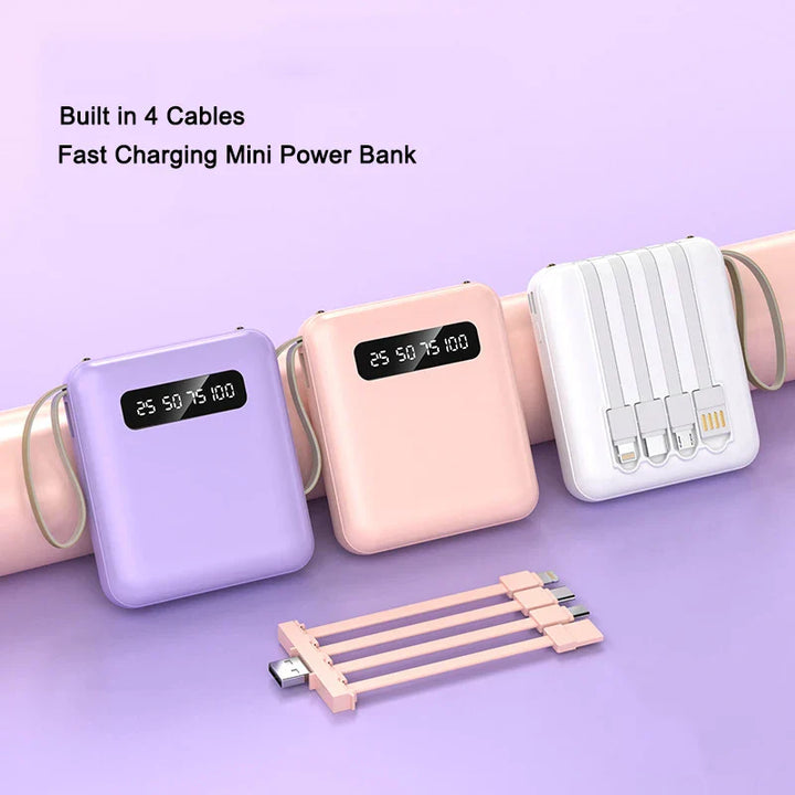 Luvikno | Mini Powerbank med Speildisplay | 20,000 mAh | Hurtigladingfunksjon & Integrerte Kabler | For iPhone, Samsung, Xiaomi & mer